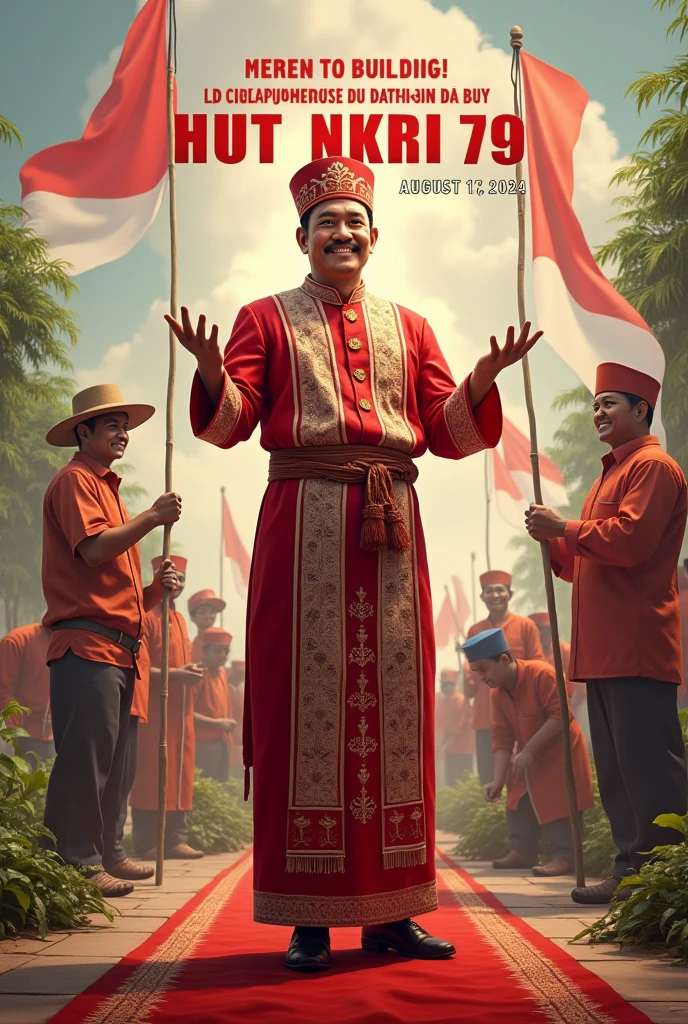 Best quality super detail super realistic ultra high resolution ratio 16:9, depicts a handsome Indonesian man dressed in red and white inviting farmers, construction and fishermen build the country of Indonesia with the words HUT NKRI 79 written on it, background of Indonesian Independence Day 17 August 2024