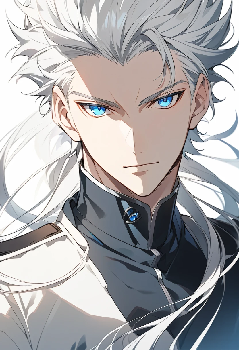 close up of man with white hair and blue eyes, tall anime man with blue eyes, white hair, young anime man, he has dark gray hair, male anime character, white hair, anime vector shading, like anime character, male anime style, silver hair