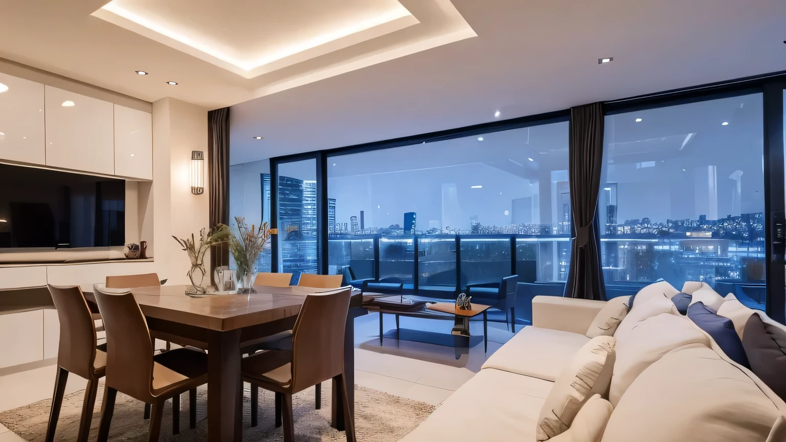 Inside a modern building, midnight in town outside the window, dining table, finished plates, forks and knives, table lighting, sofa and TV in the back, white curtains, stylish decor.