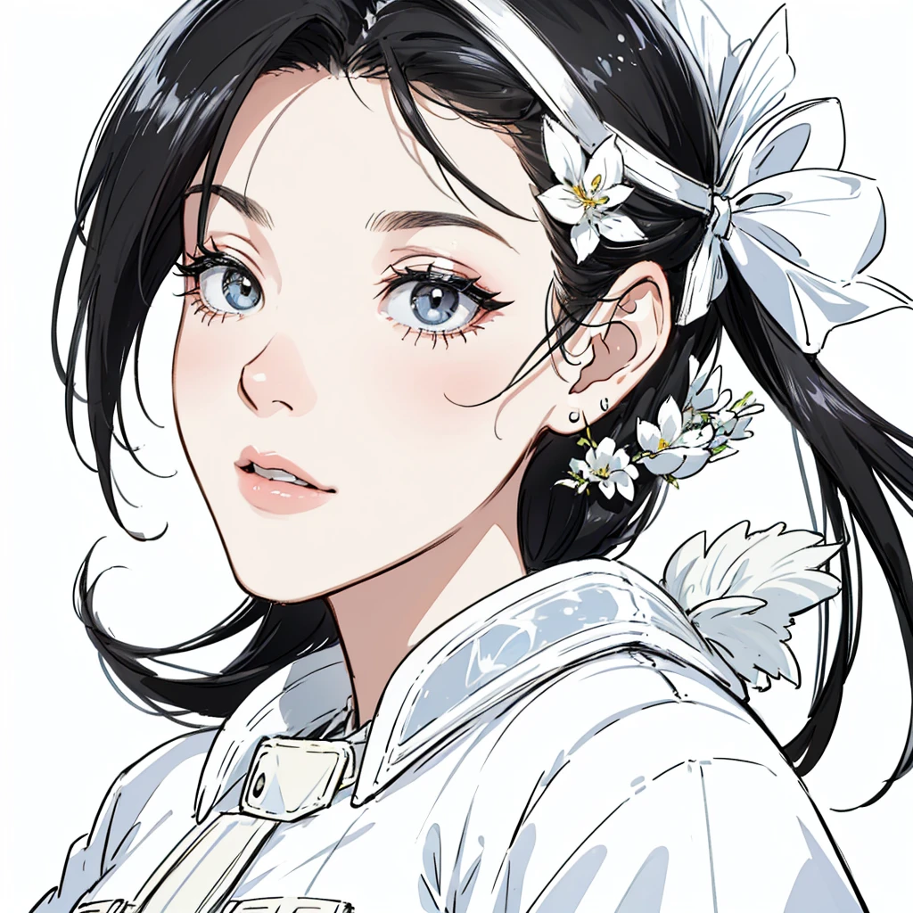 ((best quality:1.4)), white background, (bust), black hair, sexy woman
