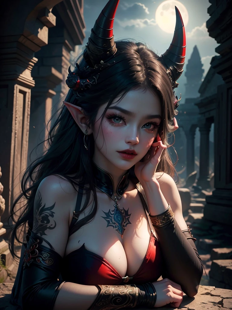 a beautiful busty Asian elf woman with demon horns, glowing eyes, and a demon tail, wearing a black and red bikini armor in ancient ruins at night under a full moon, black tattoo, boots, (best quality,4k,8k,highres,masterpiece:1.2),ultra-detailed,(realistic,photorealistic,photo-realistic:1.37),dark fantasy,cinematic lighting,dramatic atmosphere,vibrant colors,intricate details