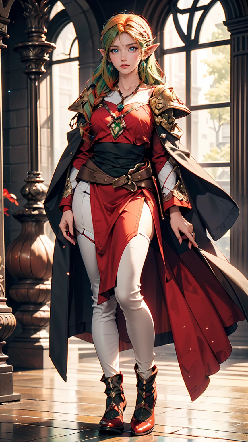 Full body image, Are standing, Princess Zelda's Giant, (Red and silver costume:1.5), as Ultraman, Very large breasts 1, Very tight bodysuit, Her face is heavily made up, Light blue gemstone on breastplate, Wear a helmet on your head, She has red lipstick on her mouth, (She has green eyes:1.5, Blue Hair:1.5), View from the front, She's in a future city、Several monsters are attacking a building., Special Effects, Ultraman, Anime Style, Cinema Lighting, 16K, Ultra-high resolution, masterpiece, Highest quality, Attention to detail