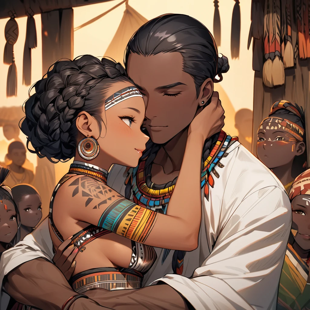 ((Highest quality)), ((masterpiece)), (detailed), (Perfect Face)、The woman, with her vibrant dark skin, is happily nestled next to her husband, a man from the tribe.、(Ghana braids with strong curly hair slicked back)、Black, dark skinned, African native tribal woman、The amount of hair is small、Black Hair、Very short curly hair、Ghana braid hair, finely and delicately braided into Ghana braids and slicked back、A black African woman with braided hair, low volume, tribal earrings and tribal accessories, beautifully dressed and wearing tribal makeup、A beautiful tribal woman with tattoos all over her body、Women in tribal village night rituals、The woman's hair is dyed black by the other women in the village and styled like an African woman's.