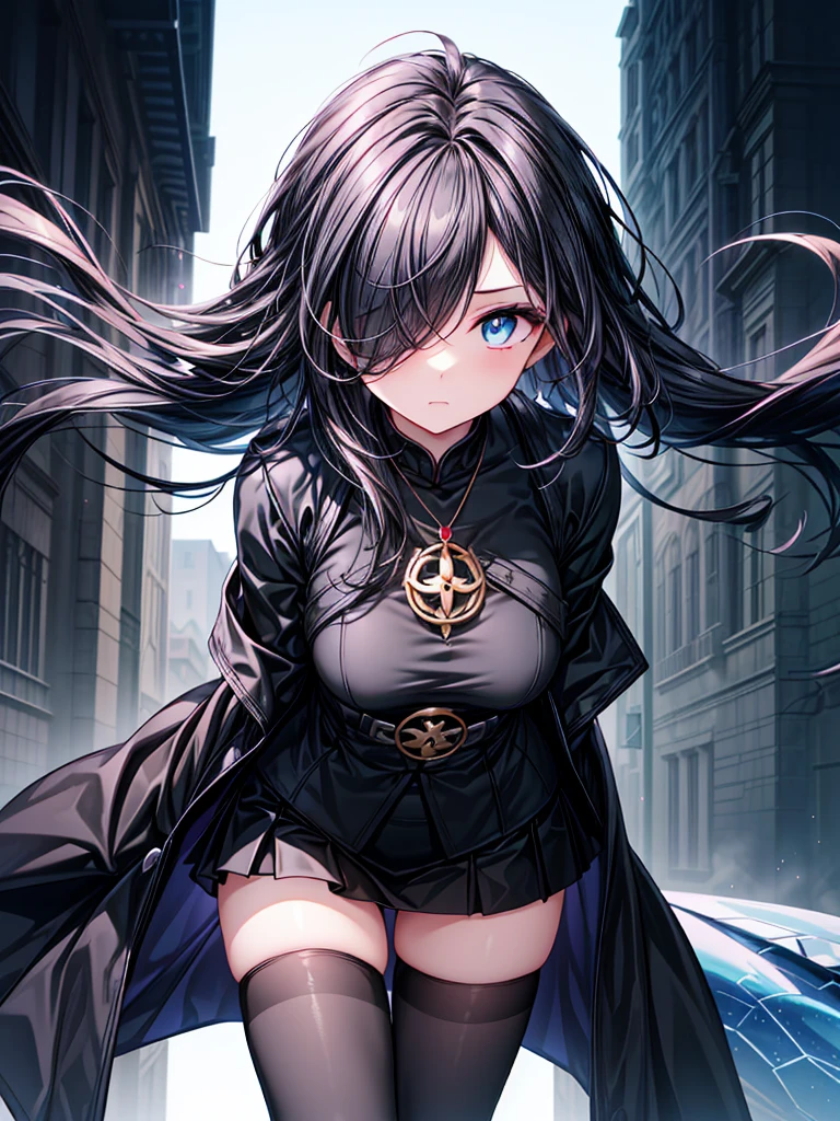 ((Oriental Project)),((Celestial Glacier)),((masterpiece)),((leaning forward)),((Highest quality))((Amulet)),((alone)),((Deep blue pupils)),((sparkling eyes)),((Beautiful Blue Eyes)),((Wearing a black coat)),((Black mini skirt)),(((Wearing black tights))),((Slim body)),((length, Shiny black hair)),((Her left eye is completely hidden by her bangs)),((Her hair is parted, and you can see her eyes through it)),((Wearing black gloves)),((hair over one eye,long hair)),((Ruthless)),((Complex background)),((Hair blowing in the wind))