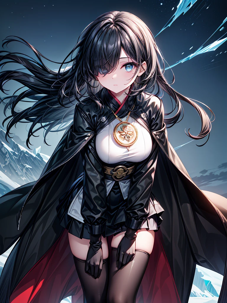 ((Oriental Project)),((Celestial Glacier)),((masterpiece)),((leaning forward)),((Highest quality))((Amulet)),((alone)),((Deep blue pupils)),((sparkling eyes)),((Beautiful Blue Eyes)),((Wearing a black coat)),((Black mini skirt)),(((Wearing black tights))),((Slim body)),((length, Shiny black hair)),((Her left eye is completely hidden by her bangs)),((Her hair is parted, and you can see her eyes through it)),((Wearing black gloves)),((hair over one eye,long hair)),((Ruthless)),((Complex background)),((Hair blowing in the wind))