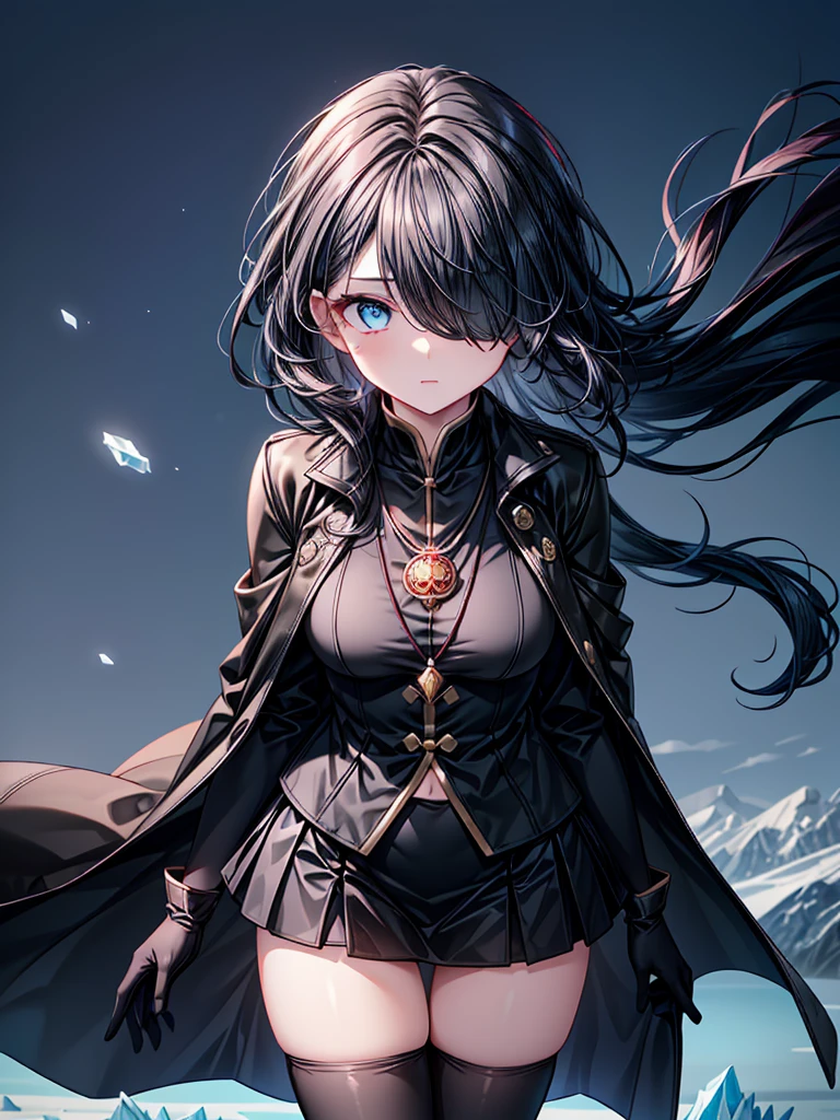 ((Oriental Project)),((Celestial Glacier)),((masterpiece)),((leaning forward)),((Highest quality))((Amulet)),((alone)),((Deep blue pupils)),((sparkling eyes)),((Beautiful Blue Eyes)),((Wearing a black coat)),((Black mini skirt)),(((Wearing black tights))),((Slim body)),((length, Shiny black hair)),((Her left eye is completely hidden by her bangs)),((Her hair is parted, and you can see her eyes through it)),((Wearing black gloves)),((hair over one eye,long hair)),((Ruthless)),((Complex background)),((Hair blowing in the wind))