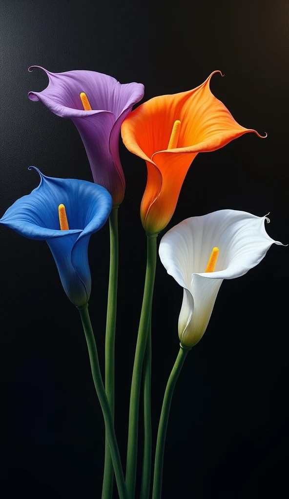 Hello, can you help me create a photo of a hyperrealistic oil painting of some long-stemmed calla lilies, one purple, one orange, one blue, one white, black background, a fusion of styles of Zurbarán, Caravaggio and Rembrandt, photorealistic, UHD, 16K, thanks