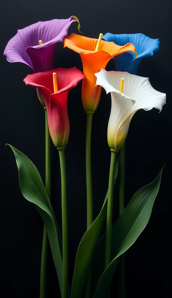 Hello, can you help me create a photo of a hyperrealistic oil painting of some long-stemmed calla lilies, one purple, one orange, one blue, one white, black background, a fusion of styles of Zurbarán, Caravaggio and Rembrandt, photorealistic, UHD, 16K, thanks