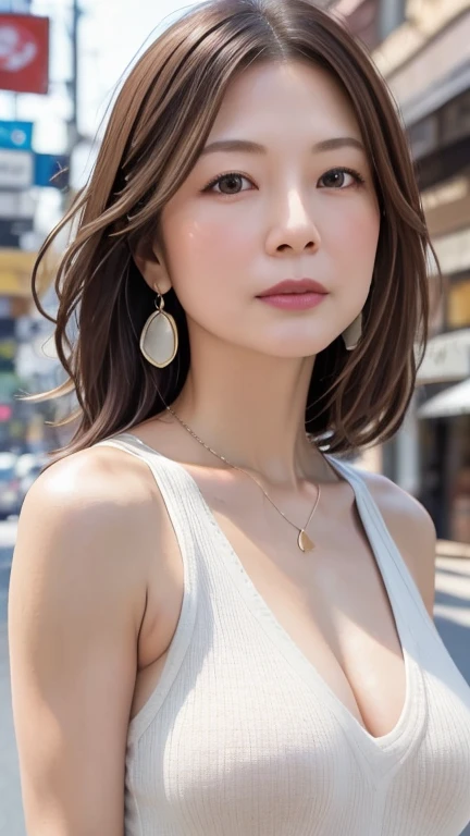 最high quality、masterpiece、High resolution、1 female、necklace、gem、Earrings、Beautiful Face、Body Up、Tyndall effect、Realistic、Rim Light、Two-tone lighting、(High resolutionスキン:1.2)、8k UHD、Digital SLR、Soft lighting、high quality、Volumetric lighting、photograph、High resolution、4K、8k、Brown haired woman、Adult、Small eyes、Perfect Mouth、Highly detailed eyes and mouth、Black natural eyes、Pure brown hair color、lol、Caucasian skin color、White shirt and random color tank top、Hair quality and shine、street、town、road、congestion、