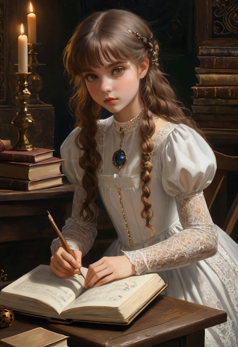 À la Fed image of a girl in a white lace dress and Leonardo da Vinci&#39;s notebooks in the background, Amazing young ethereal figure, Portrait of a magical girl, Portrait of a young witch girl, Girl in steampunk clothes, Musician girl in lace dress, Natalia Dell, Daphne Keen, Portrait of a young witch, Magic girl, Inspired by Irakli Nadal, Inspired by William Muster Lockhart, Top quality, detail, detail, masterpiece, High image quality  