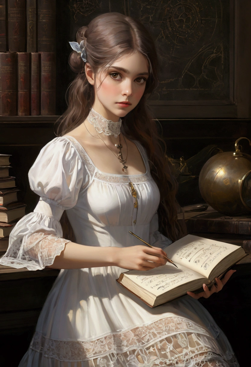 À la Fed image of a girl in a white lace dress and Leonardo da Vinci's notebooks in the background, Amazing young ethereal figure, Portrait of a magical girl, Portrait of a young witch girl, Girl in steampunk clothes, Musician girl in lace dress, Natalia Dell, Daphne Keen, Portrait of a young witch, Magic girl, Inspired by Irakli Nadal, Inspired by William Muster Lockhart, Top quality, detail, detail, masterpiece, High image quality