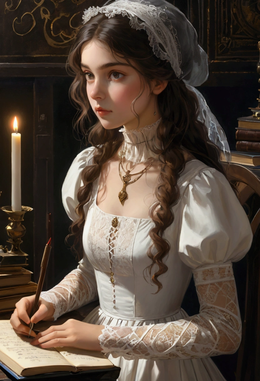 À la Fed image of a girl in a white lace dress and Leonardo da Vinci&#39;s notebooks in the background, Amazing young ethereal figure, Portrait of a magical girl, Portrait of a young witch girl, Girl in steampunk clothes, Musician girl in lace dress, Natalia Dell, Daphne Keen, Portrait of a young witch, Magic girl, Inspired by Irakli Nadal, Inspired by William Muster Lockhart, Top quality, detail, detail, masterpiece, High image quality  