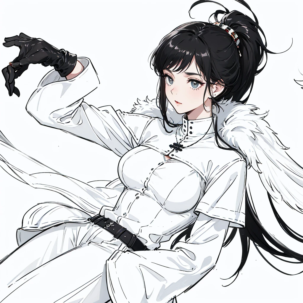 ((best quality:1.4)), white background, (bust), black hair, woman wearing leather clothes
