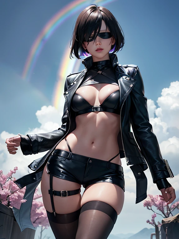 (((Wearing Black Leather Jacket:1.5, Wearing Black Leather shorts:1.1, Wearing Slightly open sheer shirt:1.1, Black knee-length pantyhose:1.1))), highly detailed, Nier Automata character 2b Face, silver short hairstyle, Asymmetrical bangs, ((blindfold, black blindfold:1.2)), Big Ass, Slightly slim woman, posing like a model, breathtaking beauty, Beautiful and graceful features, dark color sexy lingerie, (((Blue sky:1.1))), glowing skin, ((rainbow appears:1.2)), dreamy and fantastical atmosphere, fantasy, beautiful flowers and crystals, Art with precise detail, Futuristic, (moist pink lips, Slightly parted lips), perfect proportions, thigh gap, natural side lighting, Highly detailed CG, Realistic texture, ((masterpiece, best quality, digital imaging, high resolution photography)), ((solo portrait)),