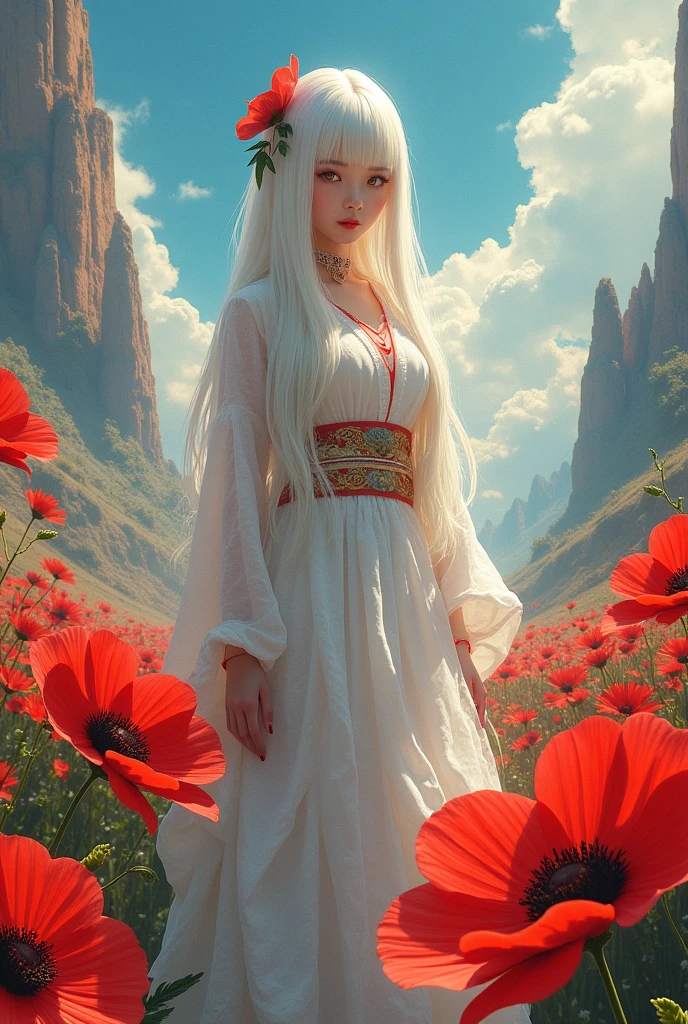 "Painting, ultra high definition, an alluring Japanese girl with long white hair and large red flowers, yellow eyes, standing on an alien planet, sunlight illuminating metallic petals, fantasy environment, vivid hues, detailed vegetation, vast alien sky, dreamlike quality, immersive landscape."