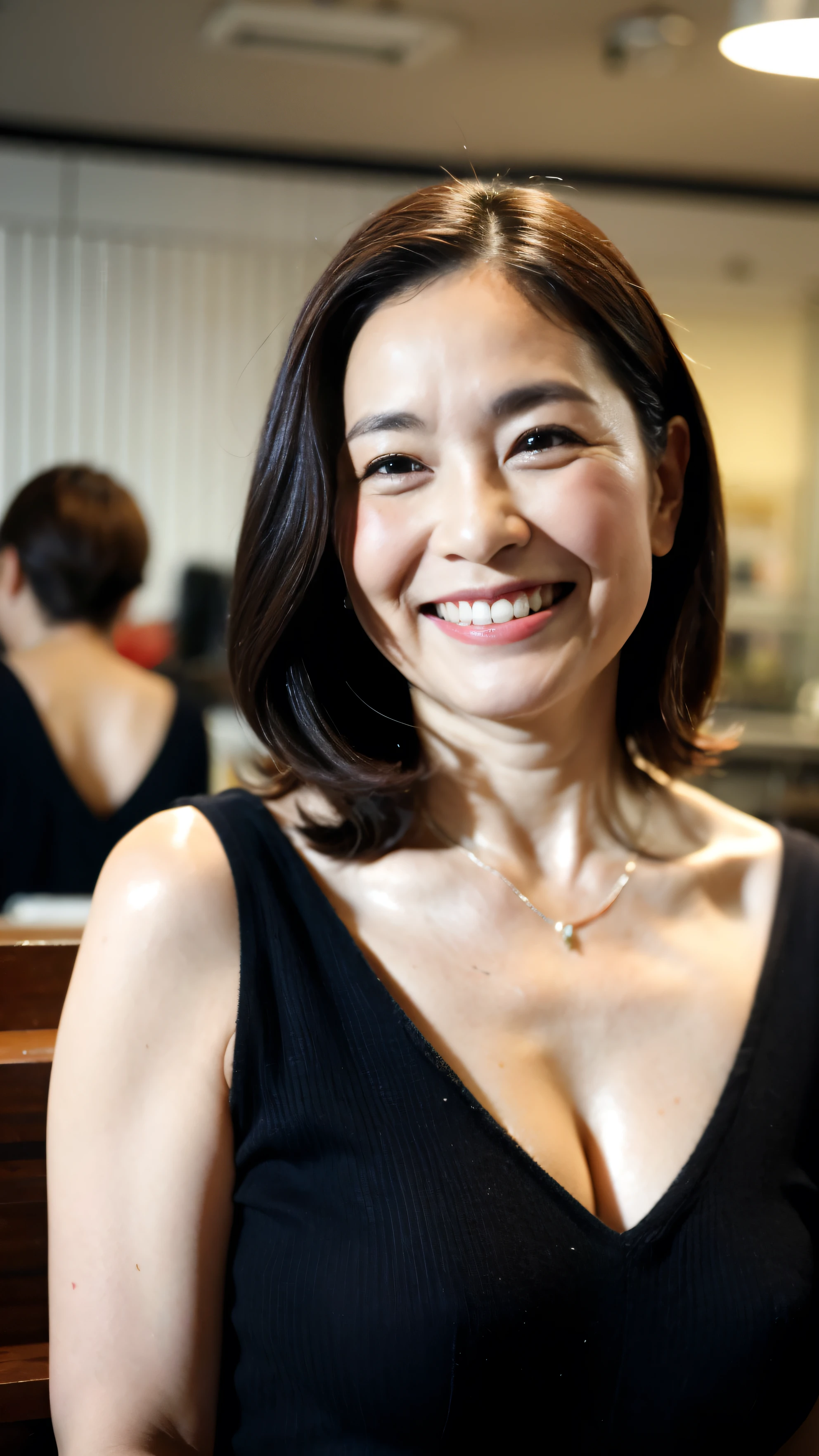 8k wallpaper, masterpiece, Highest quality, Very detailed, One Mature Woman, 50 years old, Become very clear, Wearing a short-sleeved knit, Skin dents, Captivating smile, Looking at the audience, Cleavage, Plump, Curvaceous, Attractive face, Smiling with teeth showing, I was happy, sitting in a cafe, Background Blur