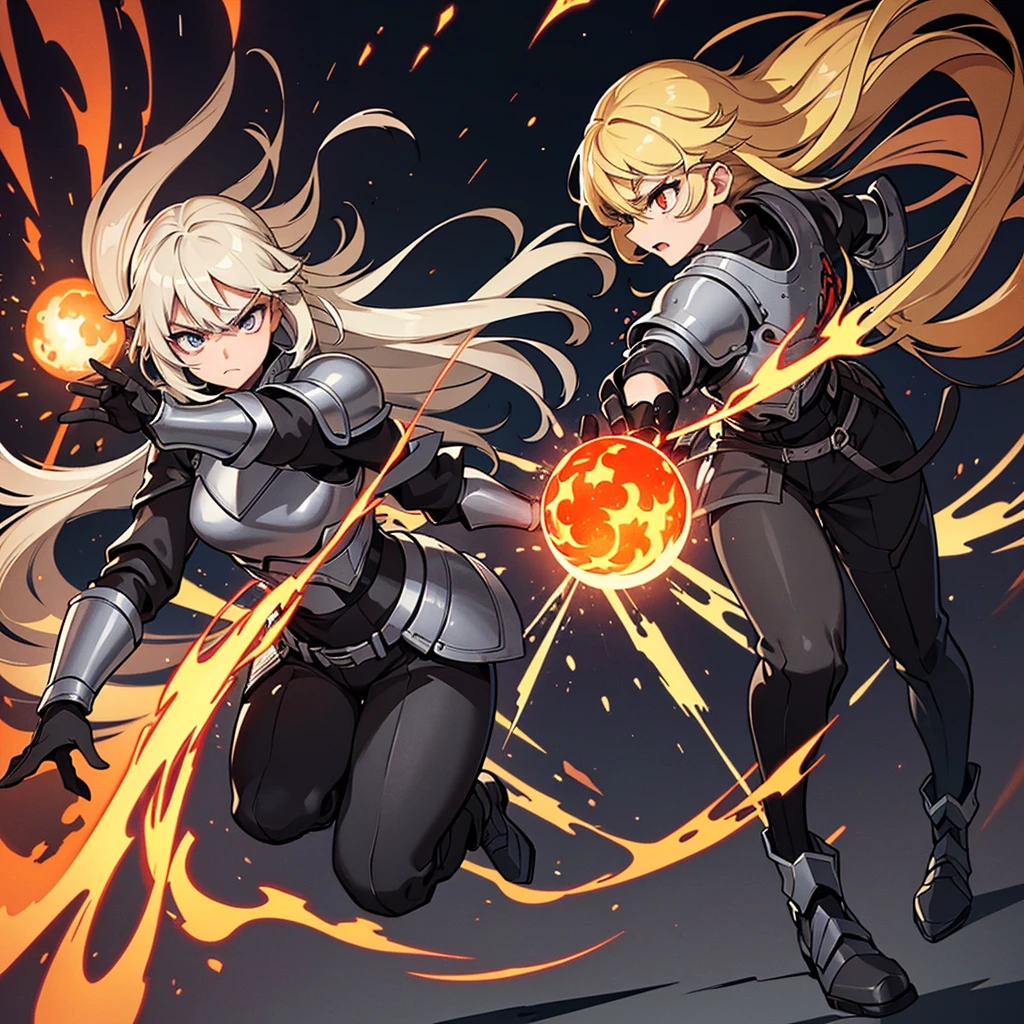 ((((Solo))))、Best illustrations、Best Quality、(Full body character concept、Character Design)、(((Grey Armor、Black trousers、Black gloves))、(woman、18-year-old)、(Blonde、Long Hair)、(Get Ready、Run)、(get annoyed)、(Particles of light, light, fireball、Flaming Ball、Tornado of Fire、Fire Magic)、Dramatic Angle、Red aura、Diagonally from behind