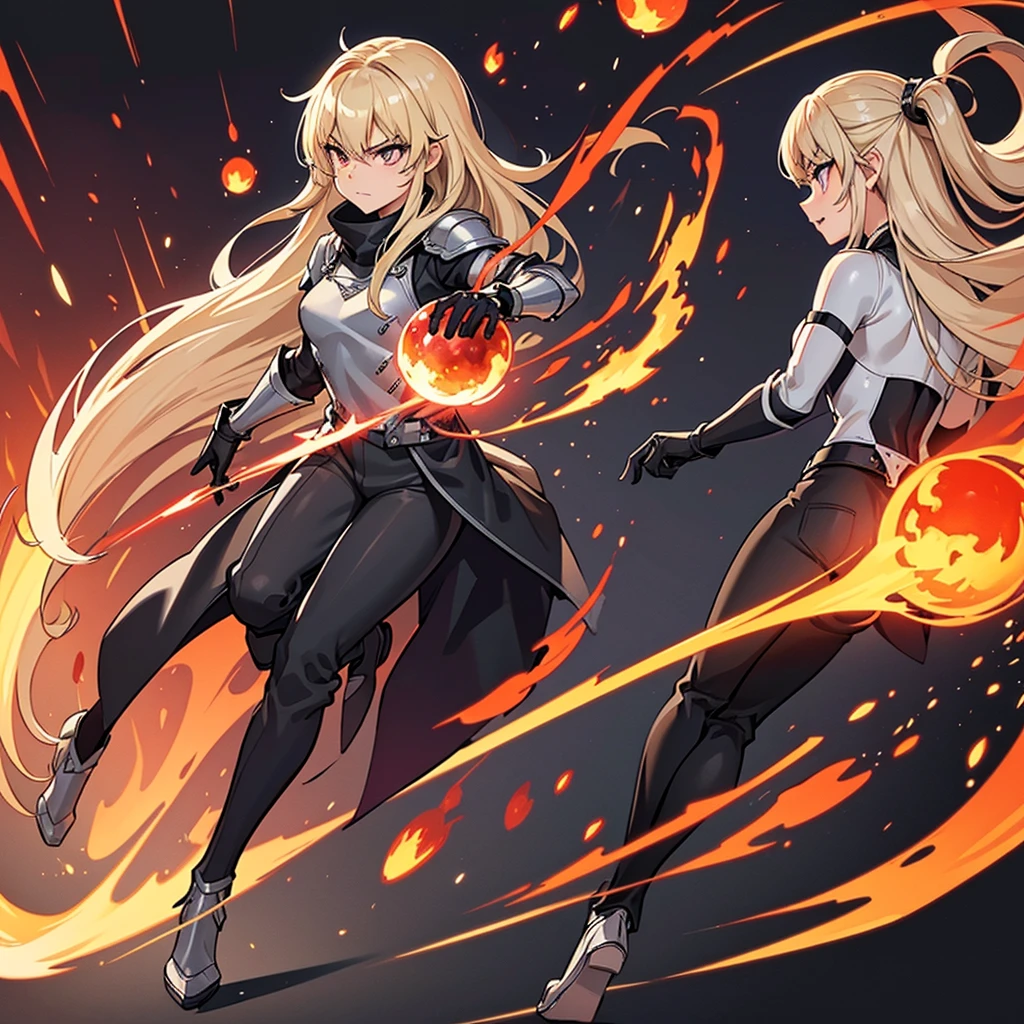 ((((Solo))))、Best illustrations、Best Quality、(Full body character concept、Character Design)、(((Grey Armor、Black trousers、Black gloves))、(woman、18-year-old)、(Blonde、Long Hair)、(Get Ready、Run)、(get annoyed)、(Particles of light, light, fireball、Flaming Ball、Tornado of Fire、Fire Magic)、Dramatic Angle、Red aura、Diagonally from behind