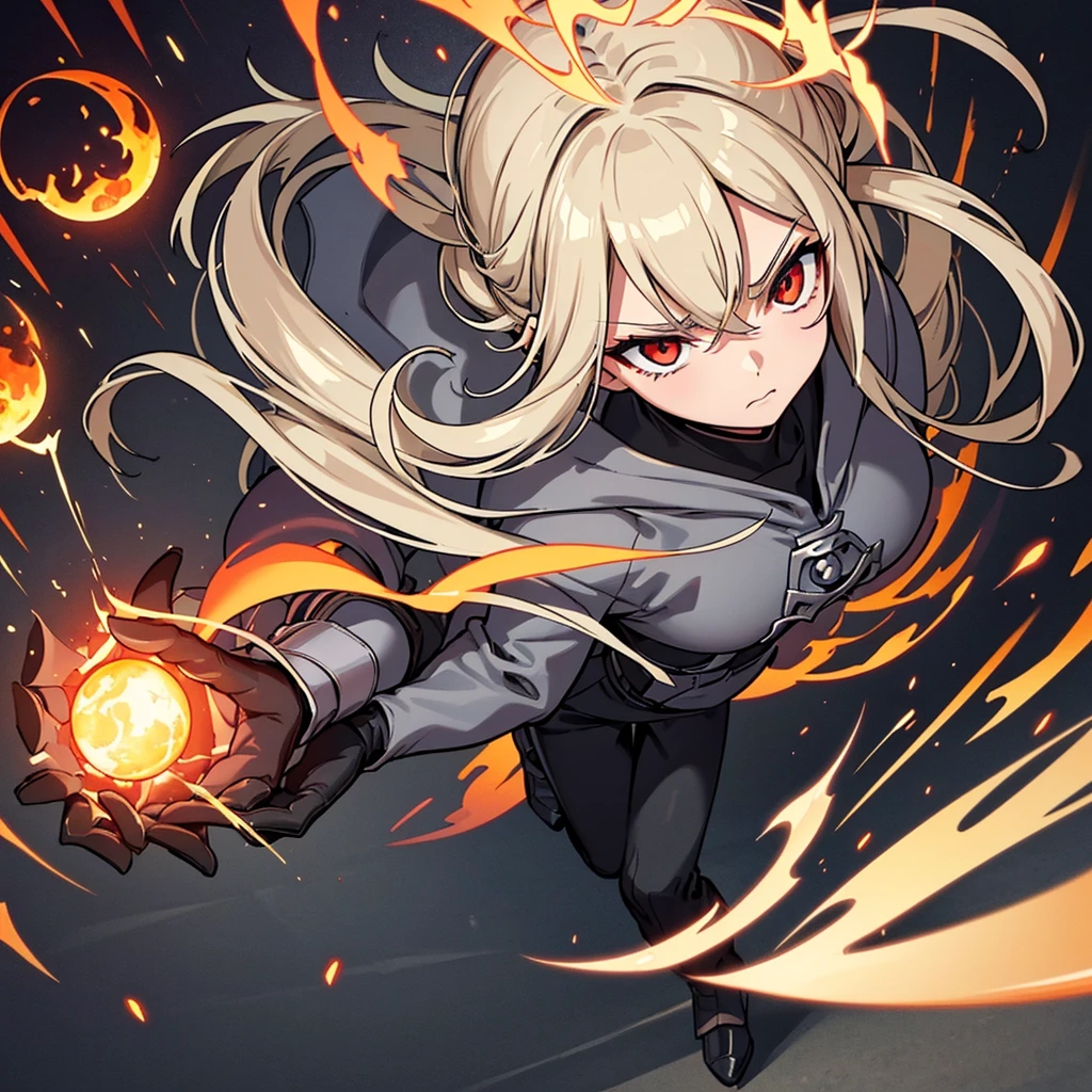 ((((Solo))))、Best illustrations、Best Quality、(Full body character concept、Character Design)、(((Grey Armor、Black trousers、Black gloves))、(woman、18-year-old)、(Blonde、Long Hair)、(Get Ready、Run)、(get annoyed)、(Particles of light, light, fireball、Flaming Ball、Tornado of Fire、Fire Magic)、Dramatic Angle、Red aura、From above at an angle