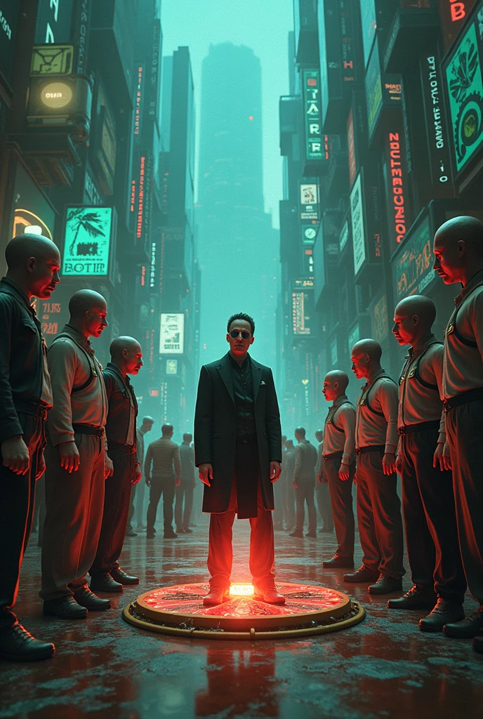 Theme: matrix movie, cyber, tron movie, ready player 1, red pill.
You have to draw a picture where main character of matrix movie found a treasure and lots of people is looking at it with happiness. Make it look funny and serious at the same time. There is conspiracy going on. Add at least 10 people in the photo with big forehead.