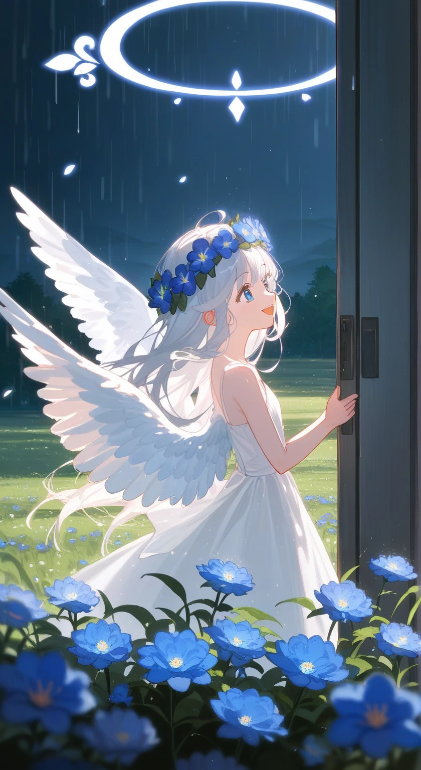 Blue Theme,A young girl,Extra-long white curls,Blue flowers on head,Standing in a field of blue flowers,Open your mouth,Smile,Movie Lighting,out-of-door,moonlight,The character is on the left,Profile,Reach out and invite,Angel Wings,Bangs,Flower Rain,Beautiful light and shadow