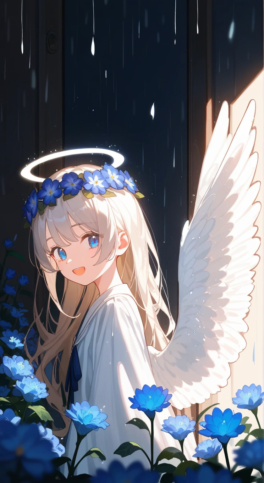 Blue Theme,A young girl,Extra-long white curls,Blue flowers on head,Standing in a field of blue flowers,Open your mouth,Smile,Movie Lighting,out-of-door,moonlight,The character is on the left,Profile,Reach out and invite,Angel Wings,Bangs,Flower Rain,Beautiful light and shadow