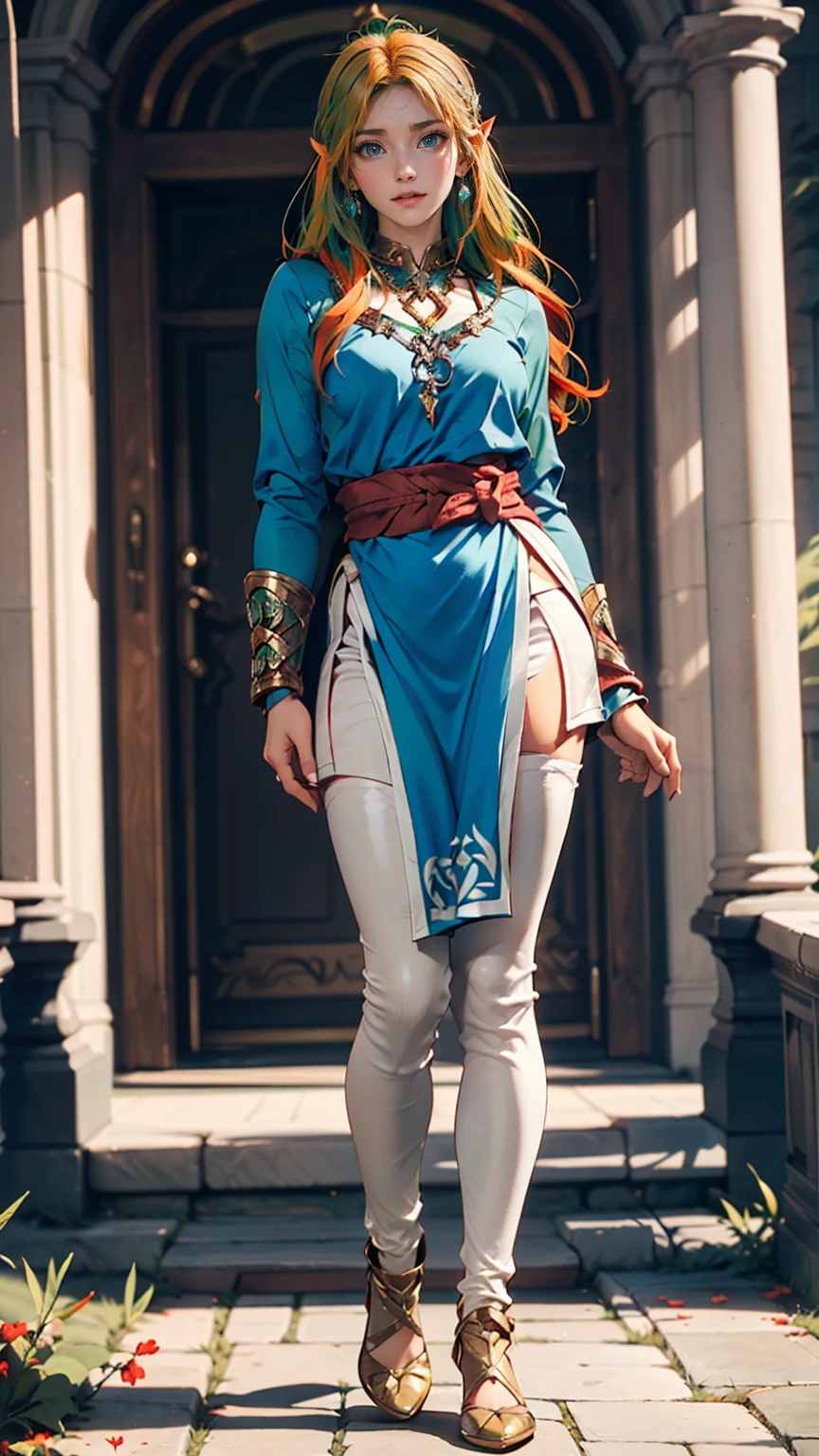 Full body image, Are standing, Princess Zelda's Giant, (Red and silver costume:1.5), as Ultraman, Very large breasts 1, Very tight bodysuit, Her face is heavily made up, Light blue gemstone on breastplate, Wear a helmet on your head, She has red lipstick on her mouth, (She has green eyes:1.5, Blue Hair:1.5), View from the front, She's in a future city、Several monsters are attacking a building., Special Effects, Ultraman, Anime Style, Cinema Lighting, 16K, Ultra-high resolution, masterpiece, Highest quality, Attention to detail