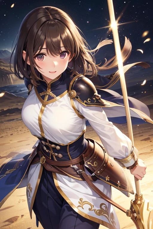 anegasaki nene、Shiny brown hair, short hair, (Beautiful brown eyes、Sparkling eyes, Fine grain)、smile、Ultra-detailed eyes、Very detailed顔, Very detailed目,
masterpiece, Highest quality, Landscape Photography, Blissful, Excited, cute, beautiful, Full Body Shot, Close-up shot,
Armor with great attention to detail, Carrying a walking stick, Calm expression, long flowing hair, Fantasy Setting, Very detailed, Vibrant colors, Perfect Face, Perfect body, ultra detail and beautiful eyes, cute, cutesy,