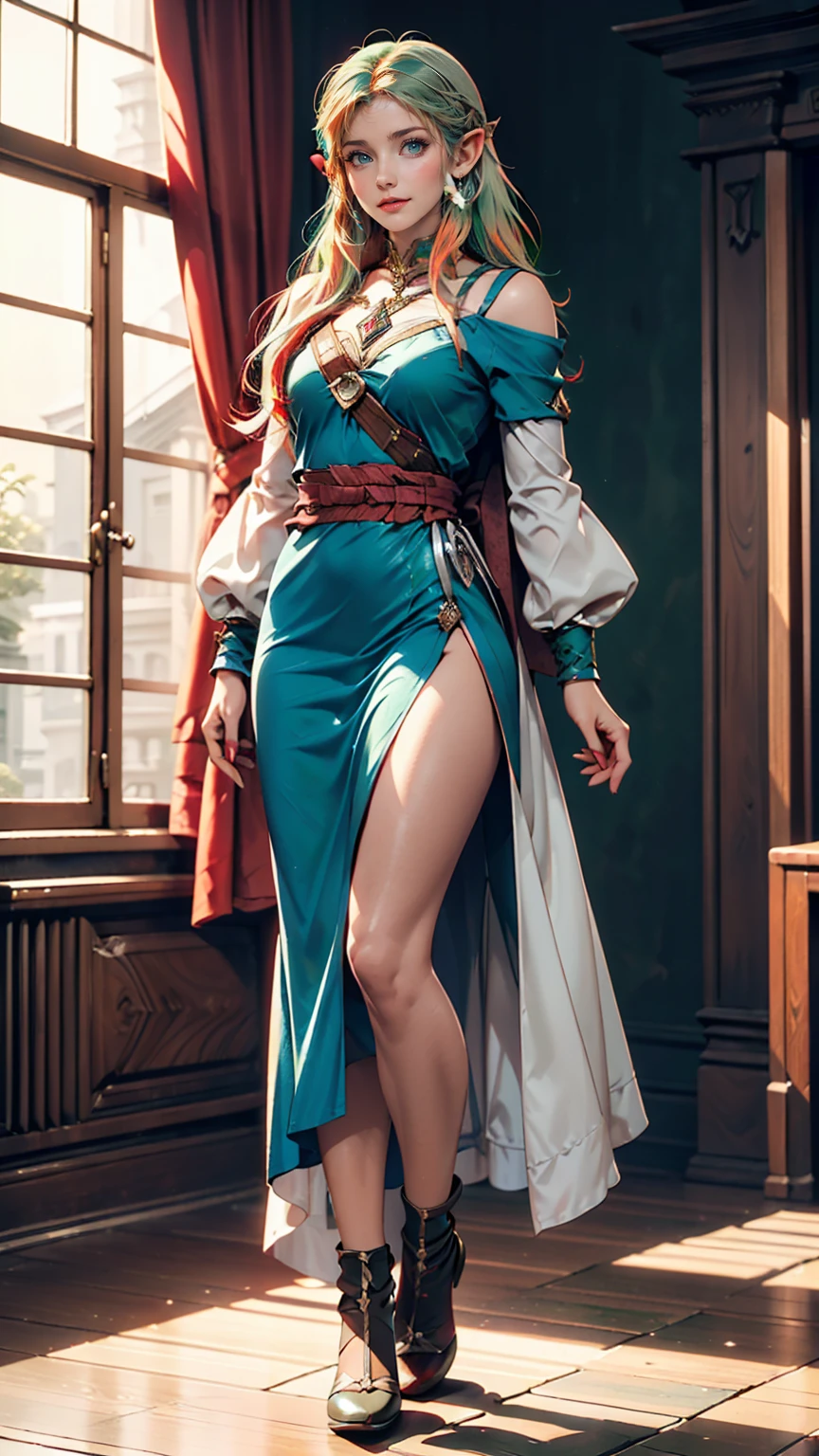 Full body image, Are standing, Princess Zelda's Giant, (Red and silver costume:1.5), as Ultraman, Very large breasts 1, Very tight bodysuit, Her face is heavily made up, Light blue gemstone on breastplate, Wear a helmet on your head, She has red lipstick on her mouth, (She has green eyes:1.5, Blue Hair:1.5), View from the front, She's in a future city、Several monsters are attacking a building., Special Effects, Ultraman, Anime Style, Cinema Lighting, 16K, Ultra-high resolution, masterpiece, Highest quality, Attention to detail