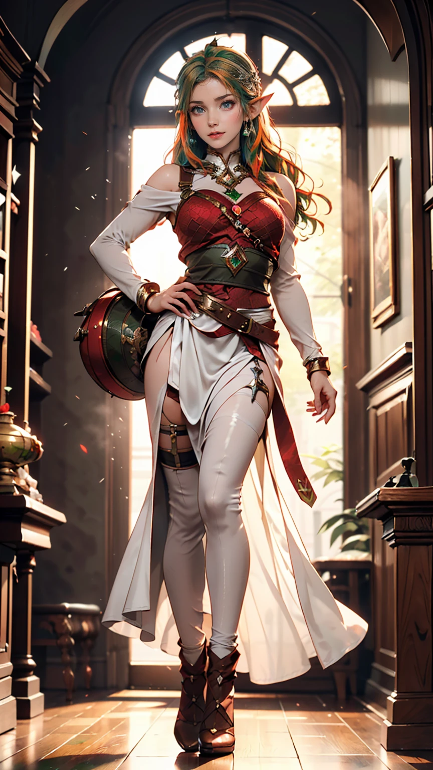 Full body image, Are standing, Princess Zelda&#39;s Giant, (Red and silver costume:1.5), as Ultraman, Very large breasts 1, Very tight bodysuit, Her face is heavily made up, Light blue gemstone on breastplate, Wear a helmet on your head, She has red lipstick on her mouth, (She has green eyes:1.5, Blue Hair:1.5), View from the front, She&#39;s in a future city、Several monsters are attacking a building., Special Effects, Ultraman, Anime Style, Cinema Lighting, 16K, Ultra-high resolution, masterpiece, Highest quality, Attention to detail