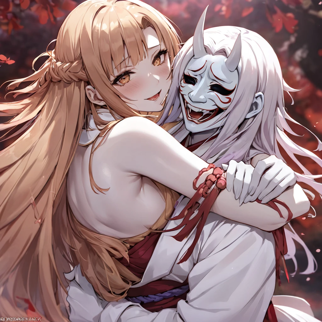 ((Highest quality)), ((masterpiece)), (detailed), （Perfect Face）、The woman in the Hannya costume is Yuuki Asuna, with light brown, semi-long hair and a Hannya mask covering her entire face, and her whole body is pure white skin.、The woman is in the state of Hannya in both body and mind, and her face is completely Hannya.、The woman is wearing a sexy, alluring, and provocative outfit, adorned with accessories.、The woman is embracing and snuggling with the leader of the Prajna Party.、The woman became the wife of the leader of the Prajna Party and the couple became a loving couple.