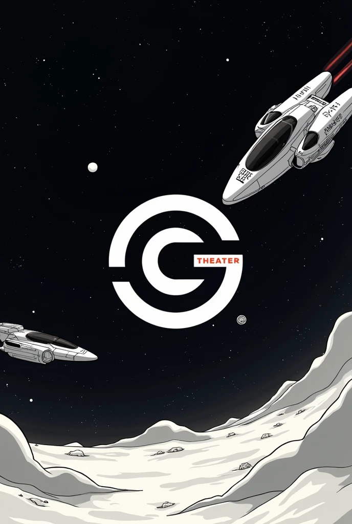 The background is an illustration of a ship flying through space.、A stylish monotone logo with the Trip Theater lettering in the center.。