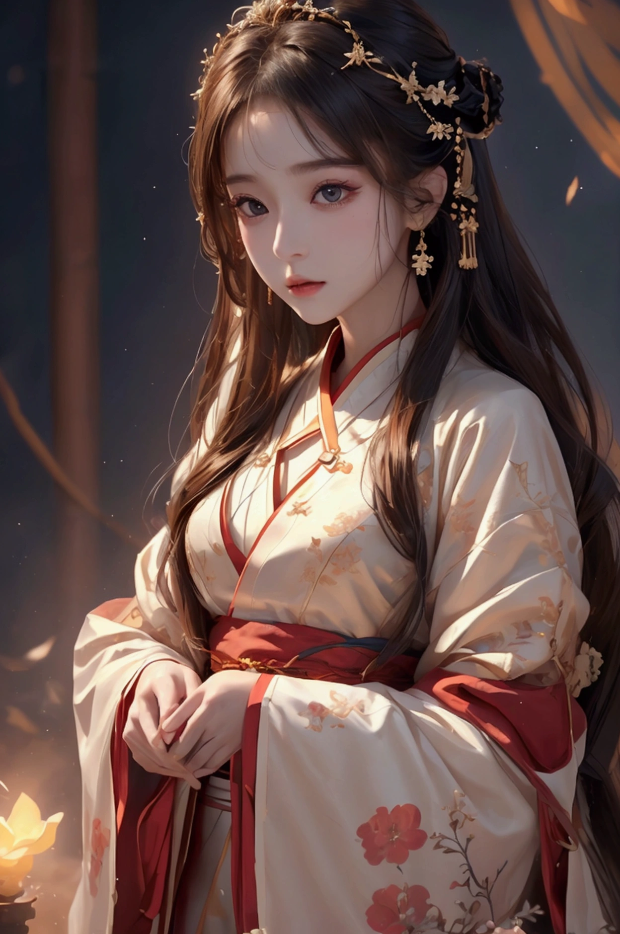 8k, RAW Photos, Highest quality, masterpiece: 1.2), (Realistic, Photo Realistic: 1.4), {{{One girl}}},, Depth of written boundary, whole body, Cinema Lighting, Asian Girl, Beautiful Faces, Beautiful body, sweating, , Depth of written boundary, skin, ear, Pale skin, Highest quality, masterpiece, figure, Very disciplely and beautiful, Very detailed,CG,Unity,8k wallpaper,wonderful,In detail,Master,Highest quality,Official Art,Very detailed CG Unity 8k wallpaper,Ridiculous,incredibly Ridiculous,Large file size, Very redundant, High resolution, Very redundant, Beautiful detailed girl, Very detailed目と顔, Beautiful attention to detail, Light on the face, (Hanfu: 1.1), One girl、Small breasts