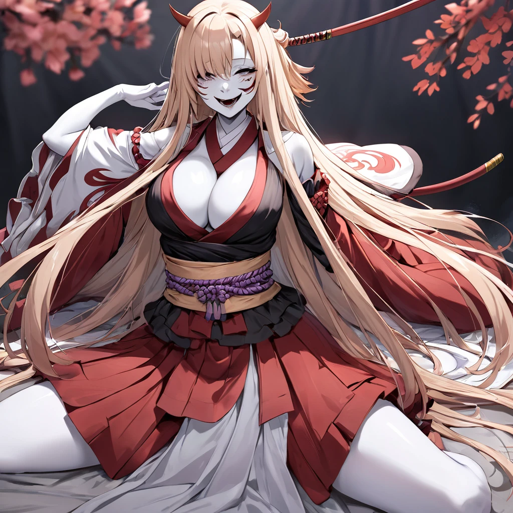 ((Highest quality)), ((masterpiece)), (detailed), （Perfect Face）、The woman in the Hannya costume is Yuuki Asuna, with light brown, semi-long hair and a Hannya mask covering her entire face, and her whole body is pure white skin.、The woman is in the state of Hannya in both body and mind, and her face is completely Hannya.、The woman is wearing a sexy, alluring, and provocative outfit, adorned with accessories.