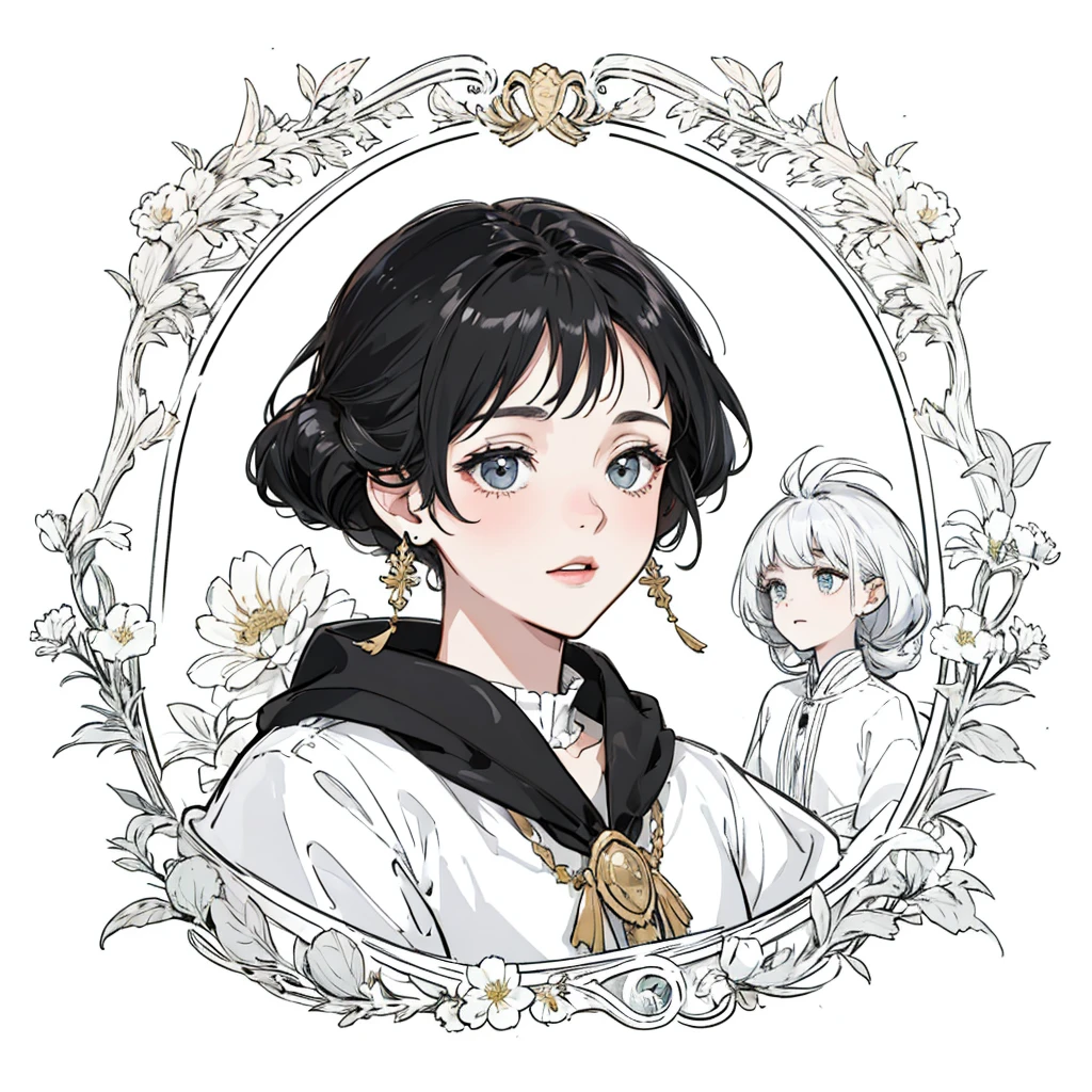 ((best quality:1.4)), white background, (bust), black hair, female merchant