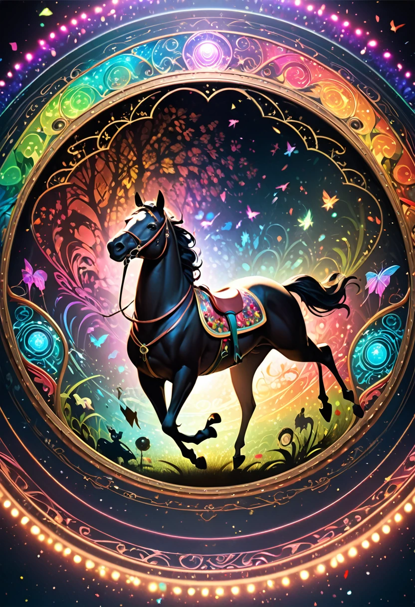 fusion of merry-go-round kaleidoscope magic circle, puppet show made of black shadow puppets, colorful colors, shading effects, gradation magic effects, foggy filter effects, glitter effects, (ultra detailed, absolutely resolution, best quality:1.3), 2.5D, delicate and dynamic, artistic photography, hyper realistic, graphic CG digital fantasy art