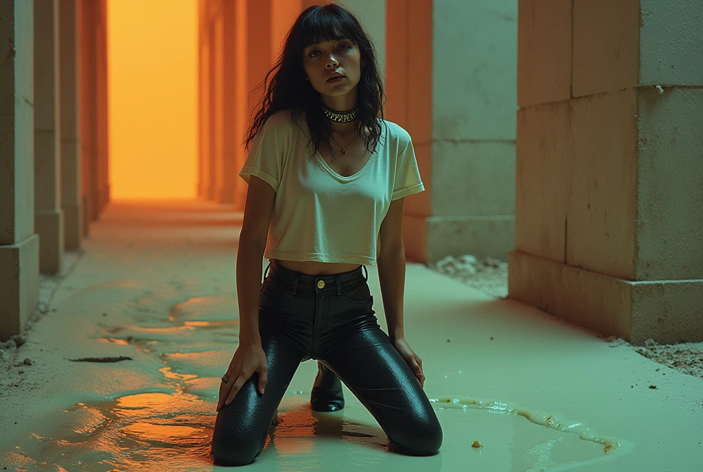 70s setting, grainy analog film, abstract art, stylish legend, artwork, conceptual art, fallen, drama, indulges in fetish, rubber black stockings, vintage liquid jeans cut-offs, t-shirt, slave collar, heels, kneeling in slime puddle, orange blue, black, void