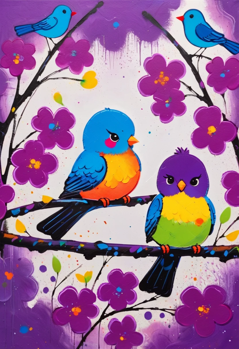 (((Colorful black，Oil stick painting，Volume，Thick coating，Children's graffiti)))，Painting of two birds sitting on a branch with flowers, Bright colors的鸟, Purple and, cute的, Bright colors，cute, (((High Saturation)))