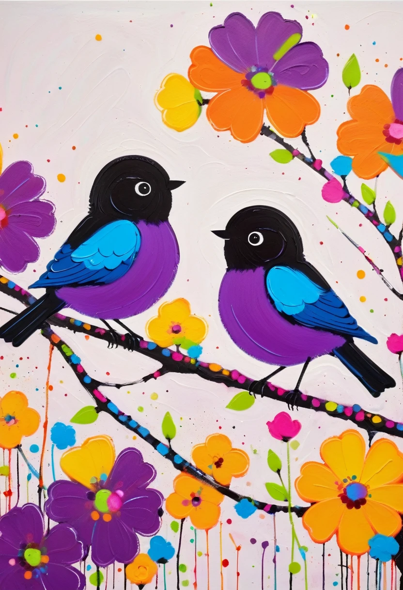 (((Colorful black,Oil stick painting,Volume,Thick coating,Children's graffiti))),Painting of two birds sitting on a branch with flowers, Bright colors的鸟, Purple and, cute的, Bright colors,cute, (((High Saturation)))