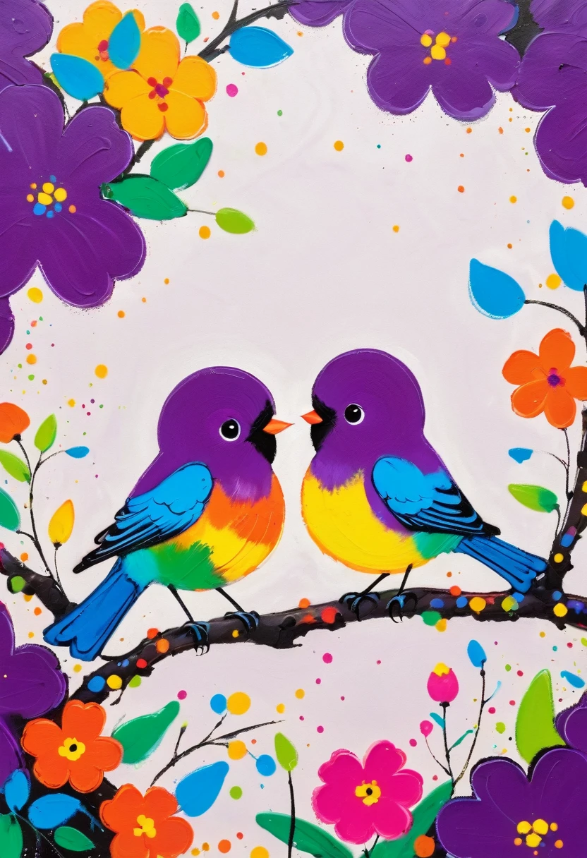 (((Colorful black，Oil stick painting，Volume，Thick coating，Children's graffiti)))，Painting of two birds sitting on a branch with flowers, Bright colors的鸟, Purple and, cute的, Bright colors，cute, (((High Saturation)))
