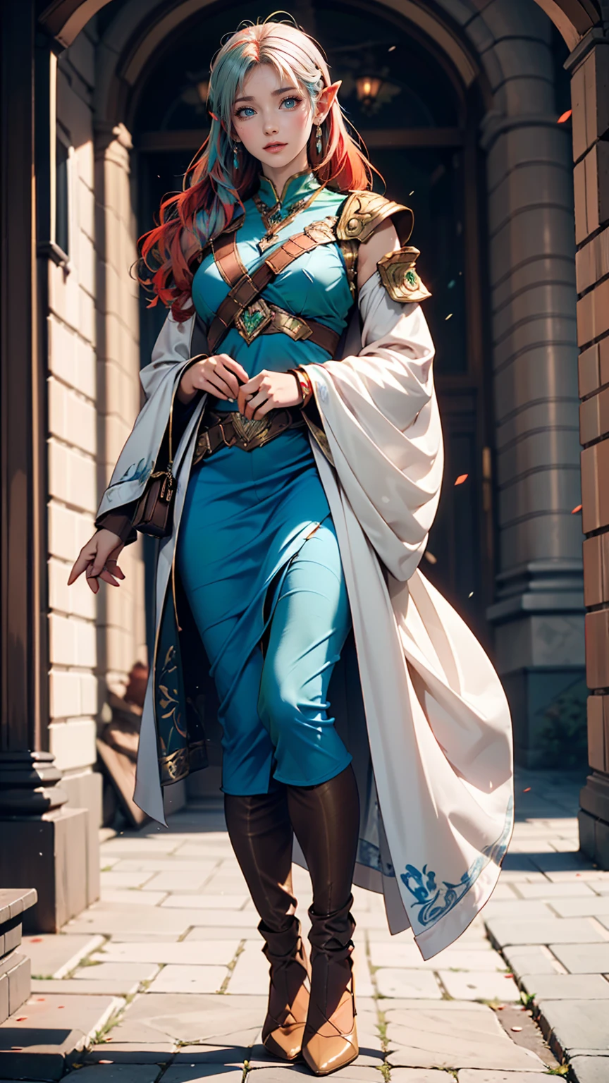 Full body image, Are standing, Princess Zelda's Giant, (Red and silver costume:1.5), as Ultraman, Very large breasts 1, Very tight bodysuit, Her face is heavily made up, Light blue gemstone on breastplate, Wear a helmet on your head, She has red lipstick on her mouth, (She has green eyes:1.5, Blue Hair:1.5), View from the front, She's in a future city、Several monsters are attacking a building., Special Effects, Ultraman, Anime Style, Cinema Lighting, 16K, Ultra-high resolution, masterpiece, Highest quality, Attention to detail
