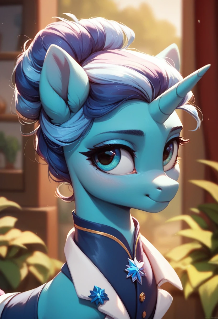 Pony unicorn, the skin color is light blue, the hair is pink and plum. Her hair is caught in a bun with a beautiful blue hairpin. The clothes are beautiful and sophisticated. The pony is elongated and mature. Decorating.extremely detailed artgerm.