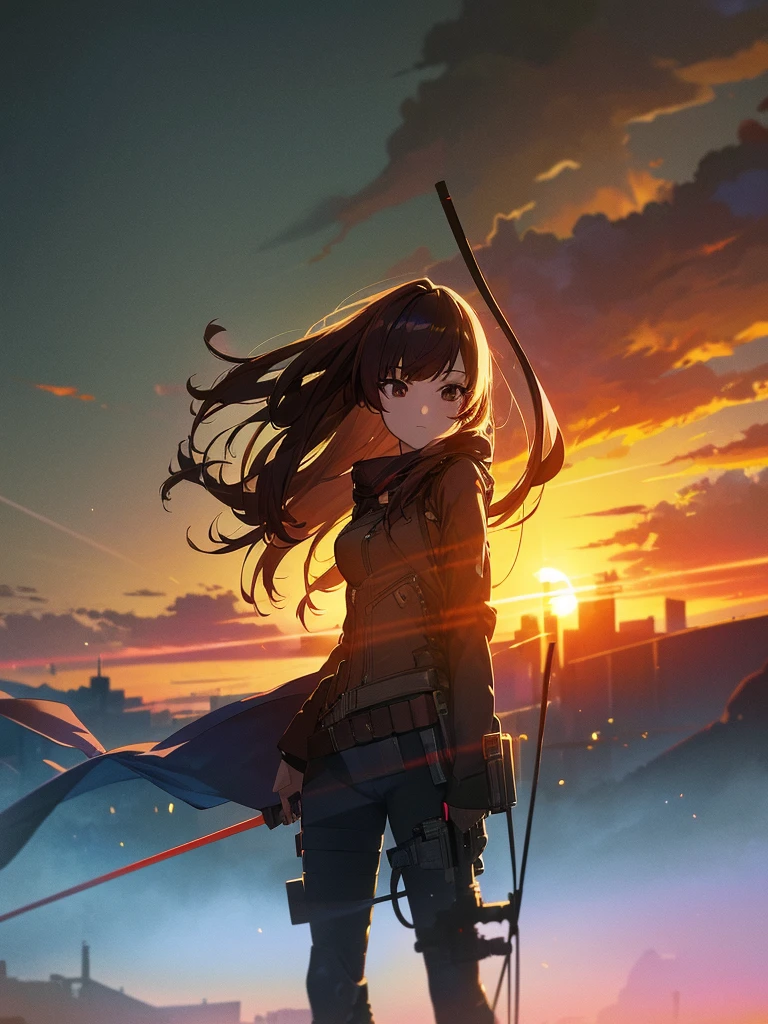 (masterpiece:1.2, Highest quality),(Colored Background) (Beautiful attention to detail: 1.2), (Highly detailed CG Unity 8K wallpapers, masterpiece, Highest quality, Very detailed, Best Shadow), (Detailed Background) ,arms(With a long stick),alone ,1 Robot. Cityscape, building, Skyline, sunset, Silhouette against a cloud background, meditation. Watching the beautiful sunset, sunset時に, sunset時, sunsetとともに, In the sunset, Nice views, Sunset view, With the sunset, sunset時に, During Golden Hour, looking sunset時に, Sunset in the background, Watching the sunset, In the spotlight, holding_gun, assault_rifle, Very detailed, Brown Hair, Long Hair, Anime Style, whole body, alone, Stylish Gunfighter Girl, Holding a steampunk long barrel pistol,Standing in the wasteland, 8K high resolution, White Background, The background is a dark and desolate landscape, Horror movie atmosphere. Her figure is very beautiful, Emphasizing the dark and crazy elements. Skillfully expressing the effects of light and shadow, Anime girls with guns and rifles, from Girls' Frontline, mechanized soldier girl, Girls' Frontline style