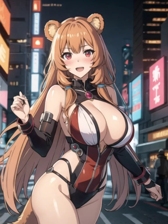 Raphtalia attractive woman. bear ears, orange blonde hair, red eyes like rubies, open mouth smile, blush, big breasts, neckline .Cyberpunk style short clothing, neon buildings background , Poses.