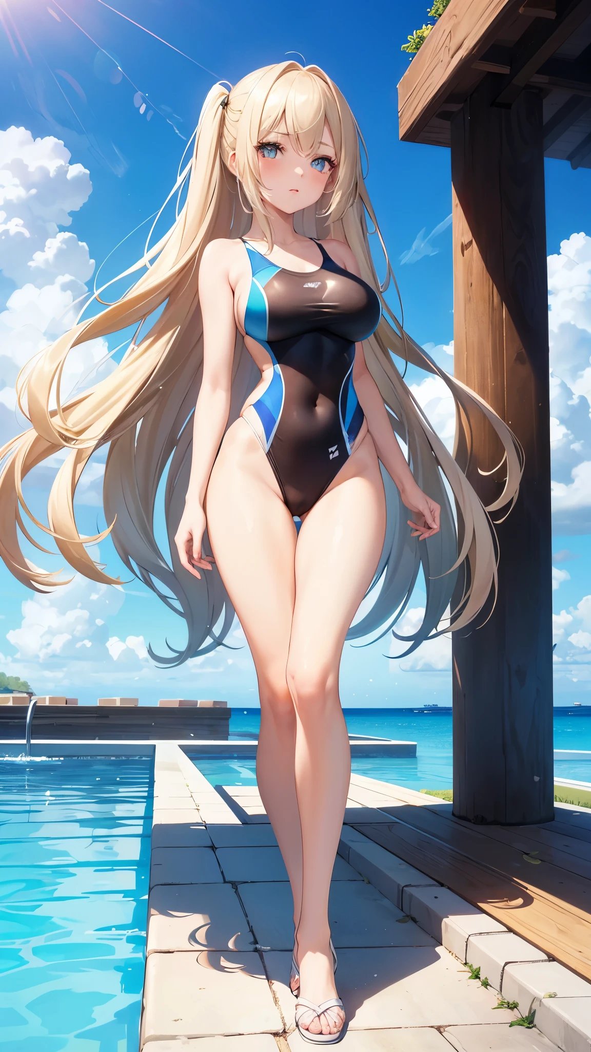 ((Best Quality)), (ultra-detailliert), ((Extremely detailed)), (Beautiful), ((Kawaii Girl)), ((UHD)), (masterpiece), (high quality), (best quality), (4K), (high quality), 1, solo woman, 1woman, ((platinum blond hair)), parted bangs, ((hair intakes)), long hair, (hair two side up long), ((jade colored eyes)), slanted eyes, large breasts, slender body, competition swimsuit, Pool Background, (blue sky:1.3), solar, sunlight, anime style, full body,