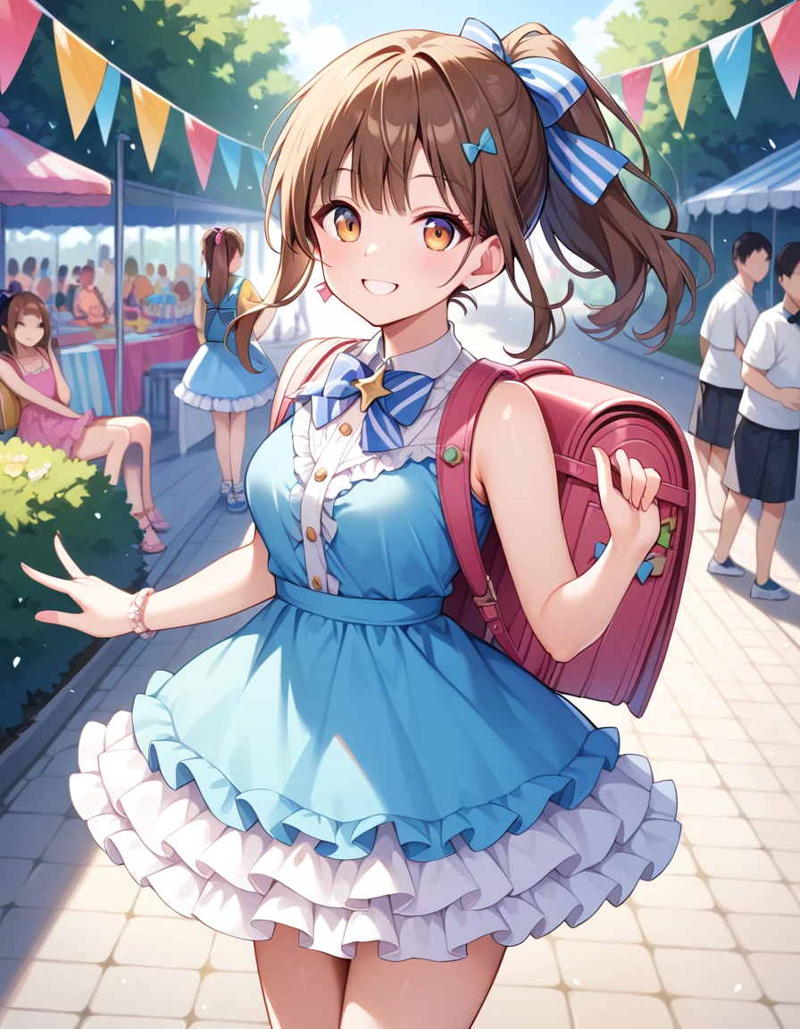 Masterpiece, hd, 1girl, brown hair, smile, ponytail, hair ribbon, wearing cute dress, frilled dress,party dress,party costumes, bowtie, standing, outdoor, smile, wearing backpack, square backpack