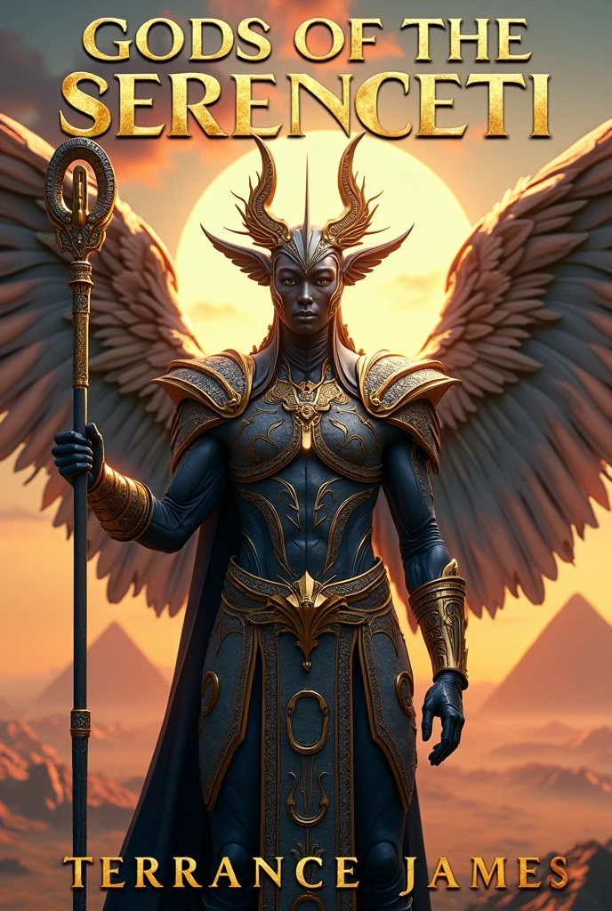 A stunningly realistic, (8K high-resolution:1.5) book cover for the dramatic science fiction novel. At the top of the image, the main title in text says ('GODS OF THE SERENGETI':1.3) and the subtitle reads ('FEATHERED DAWN: ORIGINS':1.3) in bold, elegant font, with correct letters and spelling, prominently displayed. The cover showcases an awe-inspiring human-avian bird deity with African genetic and phenotypic features and a regal presence. He stands tall, holding a (futuristic Ankh staff:1.2) with elaborate (feathered wings:1.5) and donning high-tech, sci-fi armor adorned with intricate patterns. The background reveals a (fantastical landscape:1.4) with (floating pyramids:1.3), vibrant skies, and distant mountains. The color palette is natural and rich, creating a mystical and epic atmosphere. The author's name is at the bottom of the image, the text reads ('TERRANCE JAMES':1.2) in matching elegant typography. The high-resolution image boasts an unparalleled level of detail, showcasing the soft, expressive, and highly detailed face of the awe-inspiring human-avian bird deity (actual:1). Every pore and vein on his face is visible, reflecting the photo-realistic quality. The natural color, 16K Ultra HD, 3D rendered image, powered by Unreal Engine v5.2,