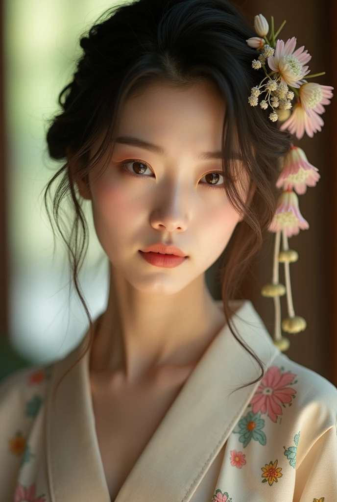 An elegantly dressed Japanese woman in natural light、A close-up of her chest and calm expression.、It shows her inner peace and outer charm.。