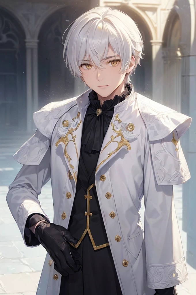(((masterpiece; best quality: 1.2))), (finely detailed eyes: 1.3), ((ung man)), ((solo)), (yellow eyes: 1.4), (body shape; lean, masculine, manly: 1.3), (very short white hair: 1.3), (beautiful and clear background: 1.2), ((depth of field)), (equipment: dark-fantasy nobleman attire + white long-sleeve overcoat + black vest + black high-neck shirt + gloves: 1.3), (anime illustration: 1.2), (background composition; palace gardens + day: 1.1), (extremely handsome: 1.1), (shot composition; standing + centered on face + bust close-up: 1.5), (facial expression; calm, smile: 1.2)