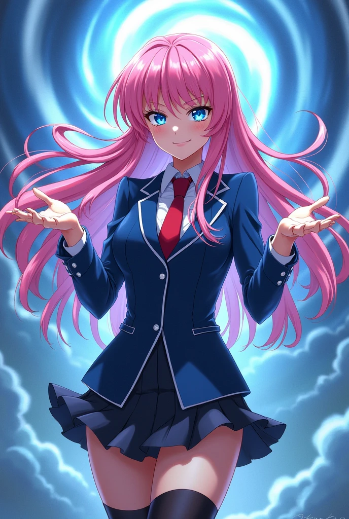 A mesmerizing 17-year-old action anime girl with long, flowing pink hair and vibrant blue eyes, dressed in a sleek, form-fitting blazer-style school uniform. She exudes confidence and allure, with her thigh-high socks accentuating her powerful stance. Her hands are outstretched in front of her, as if she’s controlling a swirling, ethereal dreamscape. Wisps of dream-like energy flow from her fingertips, creating an otherworldly scene around her. Her expression is focused and intense, with a hint of a smirk, as she bends the dream to her will. The comic book-like details emphasize her commanding presence and the mystical energy she wields